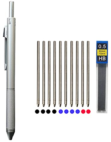 New Technology Schwerkraft-Sensor, 4-in-1 Kugelschreiber, Metall, Multifunktionsstift, 3 Farben, Kugelschreibermine und Bleistiftmine (Silber)
