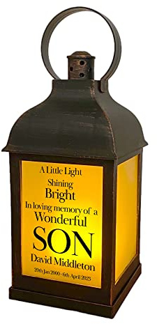 Personalised Son In Loving Memory Graveside Lantern Gift With Flame Effect
