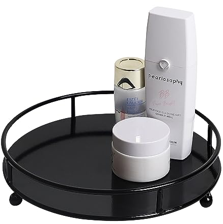 Jewelry Tray Perfume Display Organizer Bathroom Storage Vanity Tray Tabletop Display for Cosmetic, Candle, Jewelries, 8 Round Black, Small