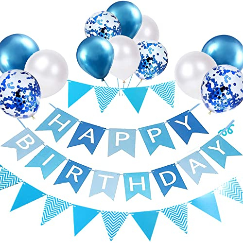 Luftballons Geburtstag Dekoration Set, blau weiße Geburtstagsdeko Happy Birthday deko Banner Party Deko Geburtstag Set mit blau weiße Luftballons Konfetti Ballons Dreiecksflaggen Girlanden(B+SJQ)