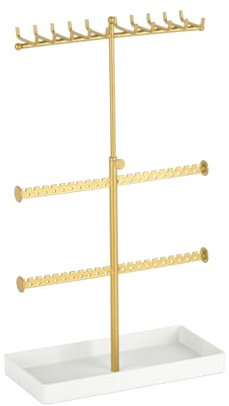 Tirzah 3-Tier Adjustable Jewelry Holder Organizer Stand Metal Tall Jewelry Display Tree with 20 Necklace Hooks, 40 Earring Holes and Notches, 1 White Bracelet Tray for Girls, Women