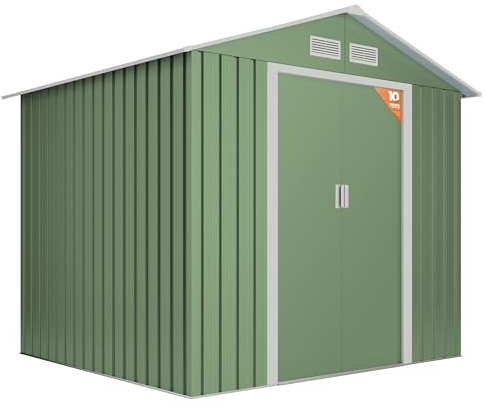 Wasabi - Caseta Jardín Exterior 5,27 m2 Light Green – 261x202x202cm - Doble Puerta Corredera - 4 Rejillas Anticondensación – Verde y Beige - Techo a Dos Aguas - Cobertizo Metálico Almacenaje