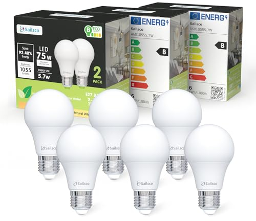 sailsco Klasse B E27 LED Neutralweiss Lampe,5.7W 4000K 1055 Lumen Neutralweiß LED Lampen,A60 Energiesparlampe 75W Glühbirne Ersetzt,Nicht Dimmbar LED Leuchtmittel,6 Stück