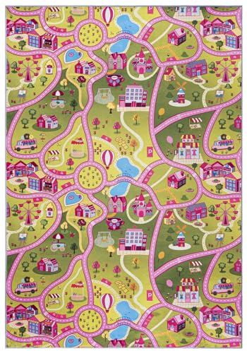Mazovia Tapis Chambre Enfant - Lavable Tapis à Poils Courts - Tapis De Jeu Voiture - Tapis pour Chambre d'enfant - Tapis De Jeux Antidérapant - Rose Vert 80 x 150 cm