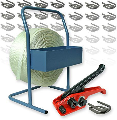 Gewebtes Textil Umreifungsset 19 mm - 600 m Umreifungsband mit Bündelgerät, Klemmen und Abroller