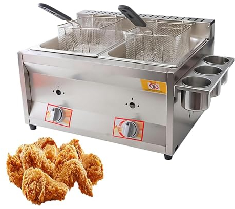 Commercial Gas Deep Fat Fryer Twin Tank, Deep Fryer, Adjustment Temperature, for Catering Takeaway Restaurant Café Coffee Shop, with Removable Basket
