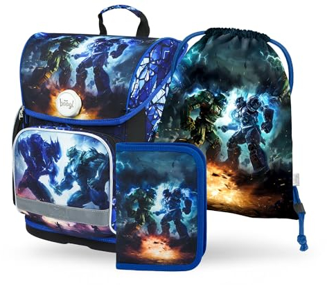 Baagl Schulranzen Jungen Mädchen Set 3 Teilig, Ergo Schultasche für 1. Klasse, Ergonomische Grundschule Ranzen Tornister mit Brustgurt (Roboter)