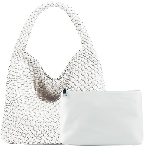 Yuxier Gewebte Handtasche für Damen - Veganes Leder, Stricktasche, Große Geldbörse, Geflochten - Weiß, M