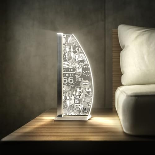 Luverre Tischlampe | LED-Leuchte | Glas-Leuchte mit Gravur für Nachttisch, Kommode, Wohnzimmer | Pop Art, Banksy, Kunst (Pop Art, Segel | silber)