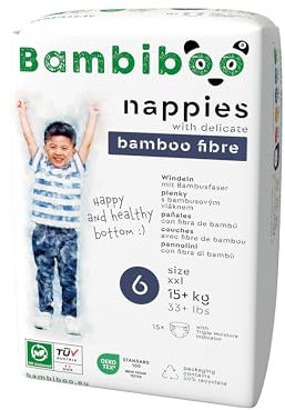 Bambiboo Hautfreundliche Babywindeln mit weicher Bambusfaser für Kinder - Baby Windeln - Windeln Wegwerfwindeln - Schutz für die Haut - Größe 6 (XXL), 15 Stück