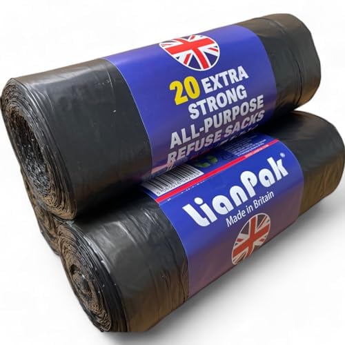 40pcs Lianpak Heavy Duty Extra Strong, Drawstring, 120L All-Purpose Large Refuse Sacks, Bin Bags, Bin Liners, Recycled, Tear Resistant, Every Day, Household, Kitchen, Commercial,20 Bags/Roll, 2 Rolls