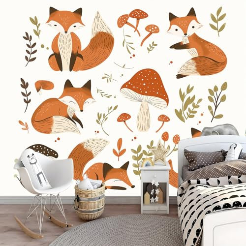 Papier Peint Panoramique Animaux De La Forêt Renard Mignon, 150 x 105 cm Papier Peint Intissé Champignons Et Plantes Des Bois Personnalisé Photo Murale pour Salon Chambre d'enfants Décoration Murale