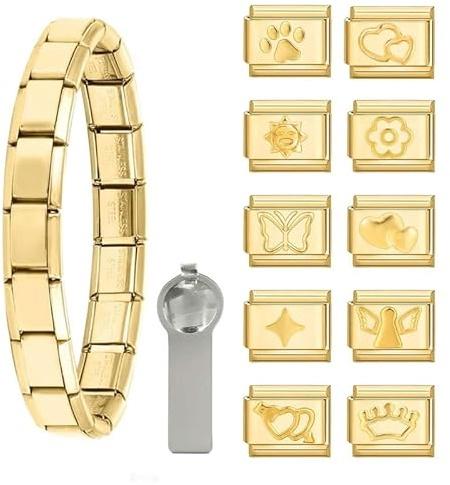 Dihope Italian Charm Bracelet Gold DIY Abnehmbar Module Set Edelstahl 9mm | Italian Style Charms für Damen Mädchen, Italienisches Modular Armband mit Öffnungs-Tool, Geschenk für Geburtstag Jahrestag