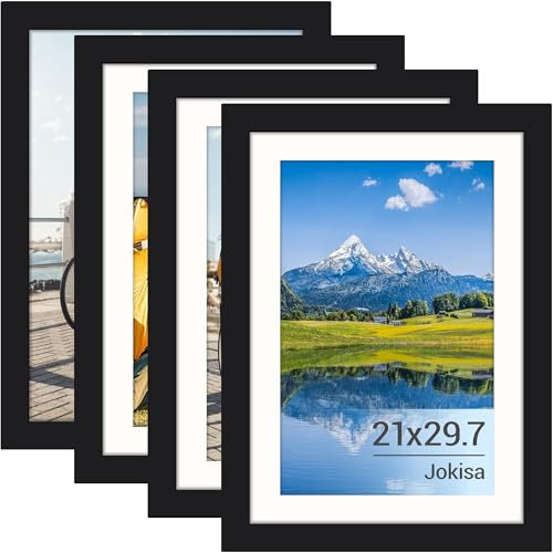Jokisa 4 Stück Bilderrahmen Din A4, Bilderrahmen 21x30 Schwarz mit Plexiglas, Bilderrahmen für Fotos, Bilder, Poster (Schwarz)
