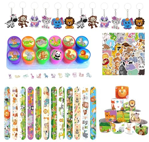 Yhjxly 76Pcs Tiere Party Mitgebsel Set, Dschungel Safari Party Zubehör Kindergeburtstag,Enthalten Schlüsselanhänger Armbänder Stempelsiegel Aufkleber,für Kindergeburtstag Jungen Dschungel Party