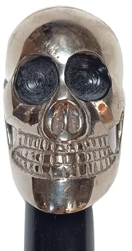 Hand Cast And Polished Metal Skull Head Walking Stick Cane With Black Wooden Shaft