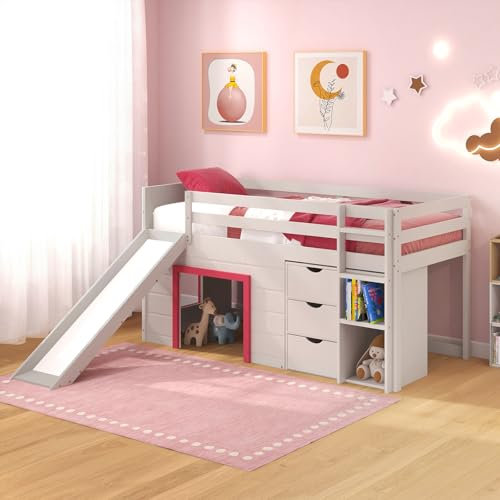 COSTWAY 3FT Bunk Bed for Kids, Solid Pine Wood Loft Bed Frame with Slide, Ladder, Safety Guardrails, 3 Drawers & Open Compartments, Children's Single Bed Frame for Boys Girls (Beige + Pink)