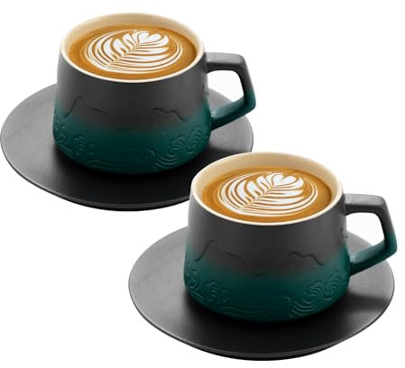Cappuccino Tassen mit Untertassen 2er-Set, 200ml Geprägte Kaffeetassen mit Untertasse für Latte Art, Handbemalte Gradienten Grün Kaffeebecher aus Steingut Tassen Geschenke für Kaffeeliebhaber,Tee