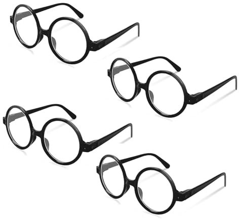 GWAWG Lot de 4 Lunettes Rondes Vintage en Plastique, Lunettes de Magicien Sans Verres, Lunettes Rondes à Monture Noire pour Adultes et Enfants, Accessoires pour Fêtes et Cosplay