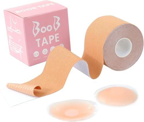 2 Paar Premium Boob Tape, Klebe Push Up BH, Brusttape Klebe Bh Große Brust Unsichtbares Nippli Tape, 5cm x 5m, für Körbchengrößen A-G, Unsichtbar Silikon Nipple Cover, Nippelpads und Fashion Tape Set