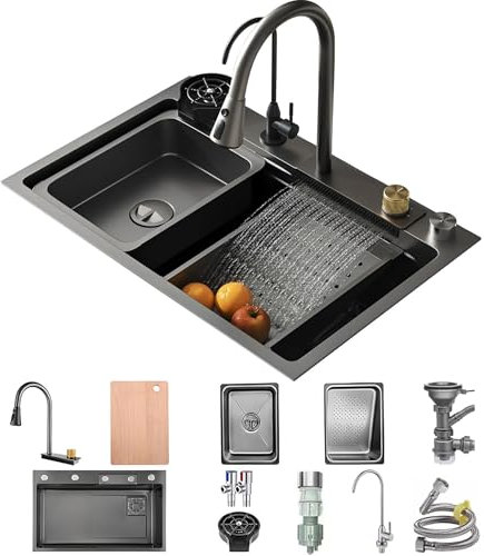 70 x 50 cm, lavello da cucina, a cascata, in acciaio inox, nero, grigio, 1 vasca, grande piano di lavoro, con rubinetto estraibile, 2 scolapiatti, tagliere, dispenser di sapone, lavastoviglie per
