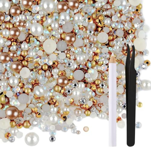 50g Flat Back Pearls and Rhinestones, Mixed Size 3mm-10mm (Champagne Gold) | Resin, with a Tweezers and a Pick Up Pencil, for Diamond Painting, Nail Art, Jewelry DIY, Wedding Decoration and More