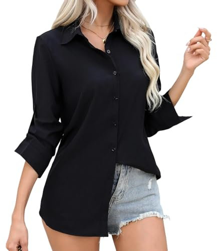 Sahunfri Women’s Long Sleeve Dress Shirt Regular Fit,Black Blouse Shirts with Button Down for Women Business Office Wear Casual (UK, Alpha, S, Regular, Regular, Black)
