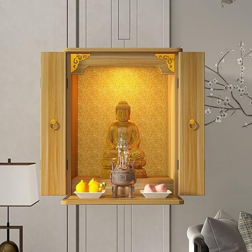 Nordivo Buddha Altar Tisch mit Türen, Holz Schrein mit versteckter Ablage, Buddhistisches Regal für Figuren(Brown,M)