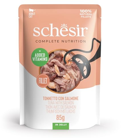 Schesir, Thunfisch mit Lachs in Gelee, komplettes Nassfutter für Katzen, im Beutel, 100% natürliche Inhaltsstoffe, tierversuchsfrei, 12 x 85 g