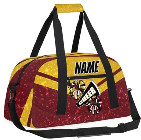 Sporttasche für Kinder, mit Namen, personalisierbar, für Jungen und Mädchen, wasserdicht, Wochenendtasche, Übernachtungstasche, für Reisen, Cheerleading, Gymnastik, Schwarz / Violett, rot, gelb, 18.9