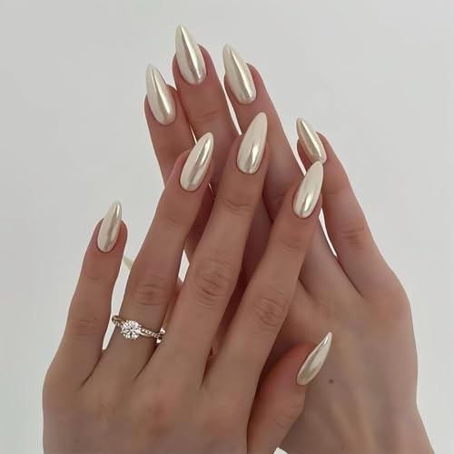 Aurora White Almond False Nails, Reusable Full Cover Stiletto Press On Nails with Glue - 24PCS Chrome French Tip Artificial Nails for Women