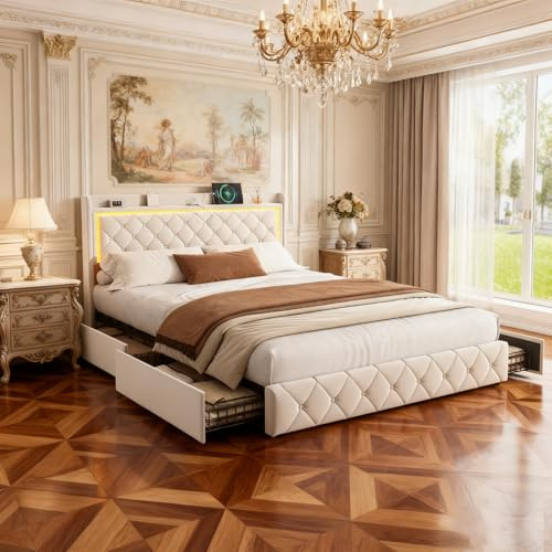 Polsterbett 160x200 cm mit LED-Kopfteil, Doppelbett mit USB-Ladefunktion und Lattenrost, 4 praktischen Schubladen und Stilvollem Design, Ideal für Jugendzimmer und Moderne, Beige Samt, Ohne Matratze
