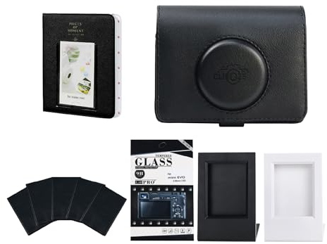 Clikoze Instant Camera Accessories Bundle for Fujifilm Instax Mini EVO – Protective Case, Album, Screen Protector, Sticker Frames & Pop-Up Displays – Complete Creative Photo Kit (Black)