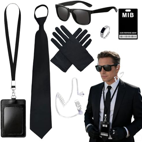 7 Pcs Agent Costume Accessories Set Secret Agent Costume Security Guard Accessories with Ties Sunglasses ID Card Holders Cords Gloves Halloween Cosplay Carnival Party Fancy Dress for Women Men