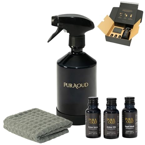 Antibacterial Multi Surface Cleaner Starter Kit, Oud Scented Cleaning Spray, 500ml Refillable Glass Bottle, 3 x 20ml Concentrates, Microfibre Cloth, Eco-Friendly Vegan Home Cleaner Housewarming Gift