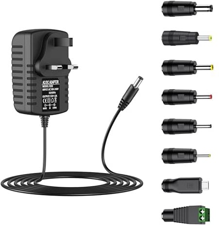12v ac adapter power supply charger with 8 DC plug tips ac to dc12v 2a 1.5a 1a 800ma 600ma 500ma 400ma 200ma 100ma power cord 12volt converter inverter ac-dc adapter (Black)