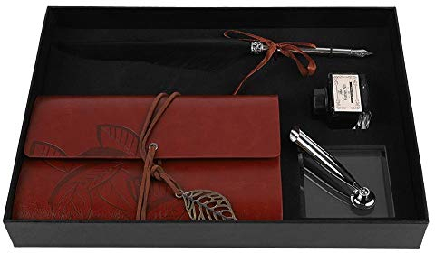 VBESTLIFE Schreibfeder, Vintage Kalligraphie Feder Dip Pen Tinte Leder Notebook Set Schreibwaren Geschenkbox(Schwarz)