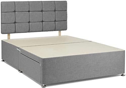 Bedsland - Elegant Plush Grey Divan Bed - 4FT Small Double Bed Frame with 20’’ Cube Headboard | Stylish Bedroom Decor with 2 Storage Drawers (120 x 190 cm)