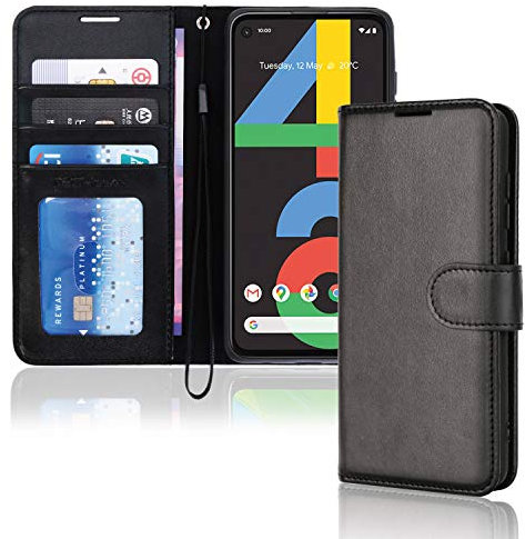 TECHGEAR Leder Hülle Pixel 4a - PU Leder Flip Case Schutzhülle Ledertasche [Brieftasche] Handyhülle mit Ständer und Handschlaufe Beutel kompatibel mit Google Pixel 4a - Schwarz