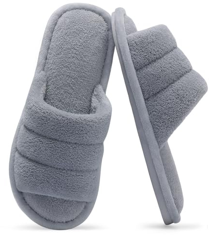 shevalues Terry Cloth Open Toe Slippers for Women Memory Foam Slip On House Slippers, Grey 260, 7.5-8.5 Women/6-7 Men