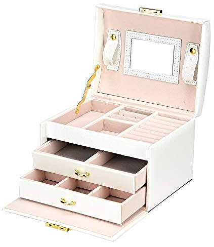 Podazz Jewellry Box for Women, 3 Layers PU Leather Jewelry Organizer with Mirror and Lock, Drawer type, for Storing Rings, Bracelets, Earrings, Necklaces, Travel Femal Gift Box - White