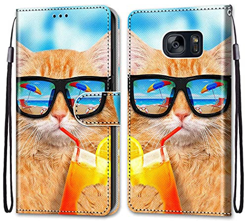 nancencen Kompatibel mit Samsung Galaxy S7 / SM-G930 (5,1) Handyhülle, PU Leder Flip Cover Wallet Hülle (Anti-Fall) - Brille Katze