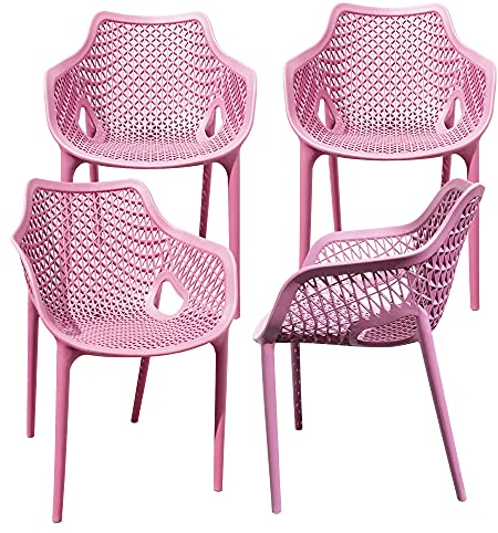 TRISENS Gartensessel Gartenstuhl Kunststoff Stapelstuhl Armlehne Küchenstuhl Bistrostuhl, Farbe:Rosa, Menge:4 St.