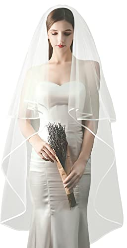 Brautschleier 2 Schichte Schleier mit Kamm Hochzeit Braut Softtüll Weiß Ivory Lang Tüll mit Satinkante Kirche Braut Haarschleier Haarschmuck Vintage Hochzeitschleier Feintülle Hochzeit Braut Zubehör