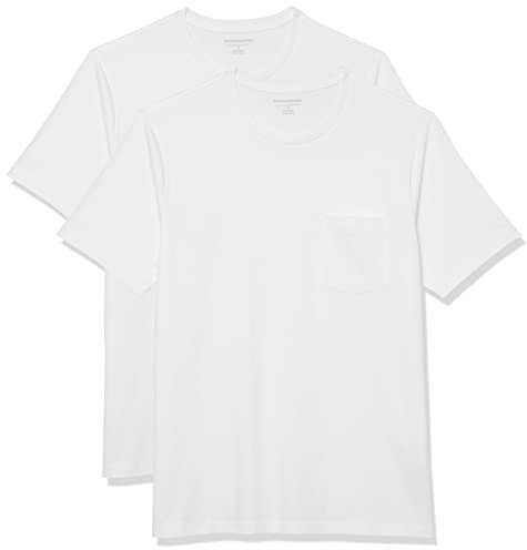 Amazon Essentials Men's T-Shirt Slim-Fit Short-Sleeved Crewneck Pocket, Pack of 2, White, M