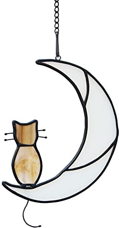 HAOSUM Orange Tabby Cat On Moon Stained Glass Window Hangings,Tabby Cat Decoration suncatcher Hanging Ornament Gift for Mom,Cat Memorial Gifts for Cat Lovers, Pet Loss Sympathy Gift (Yellow)