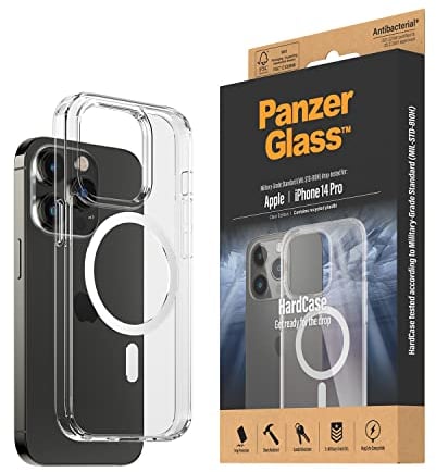 PanzerGlass™ HardCase for iPhone 14 Pro - MagSafe compatible iPhone 14 Pro case - shockproof tempered glass backcover with shock absorbing TPU frame - triple military standard, transparent
