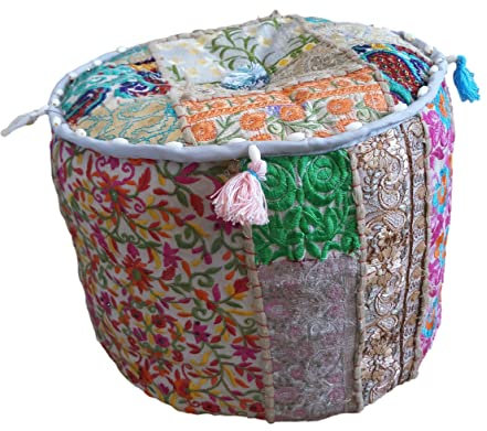 PUSHPACRAFTS Ottomane Pouf indischer Bohemian-Stil Innendekoration Fußhocker Bodenkissen Indisch bestickt Pouf Patchwork Stuhl Grau