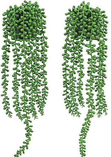 Floweroyal - Juego de 2 Plantas Falsas para Colgar en macetas, Guirnalda de Perlas y Plantas suculentas, pequeñas Plantas Artificiales para Interiores o Exteriores