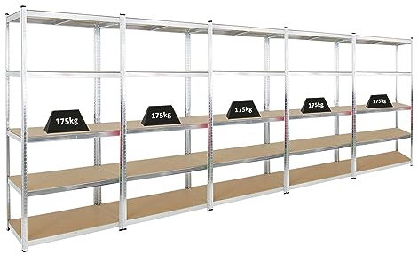 PROREGAL Mega Deal | 5X Schwerlastregal Giant Ragnar | HxBxT 200x100x50 cm | Fachlast 175kg | Verzinkt | Garagenregal Kellerregal Werkstattregal Lagerregal Steckregal